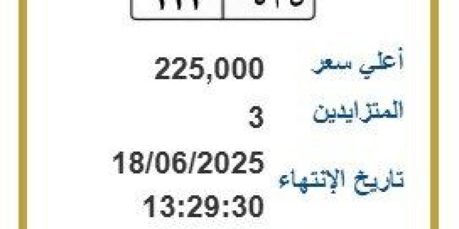 بـ
      225
      ألف
      جنيه..
      طرح
      التزايد
      على
      لوحة
      سيارة
      مميزة