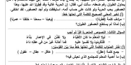 نماذج امتحانات شهر أكتوبر بمادة اللغة العربية لطلاب الخامس الابتدائي