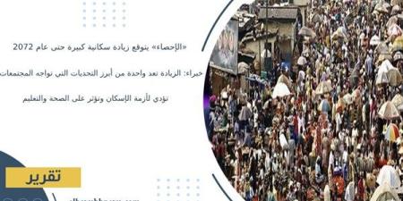 «الإحصاء»
      يتوقع
      زيادة
      سكانية
      كبيرة
      حتى
      عام
      2072..
      خبراء:
      الزيادة
      تعد
      واحدة
      من
      أبرز
      التحديات
      التي
      تواجه
      المجتمعات..
      تؤدي
      لأزمة
      الإسكان
      وتؤثر
      على
      الصحة
      والتعليم