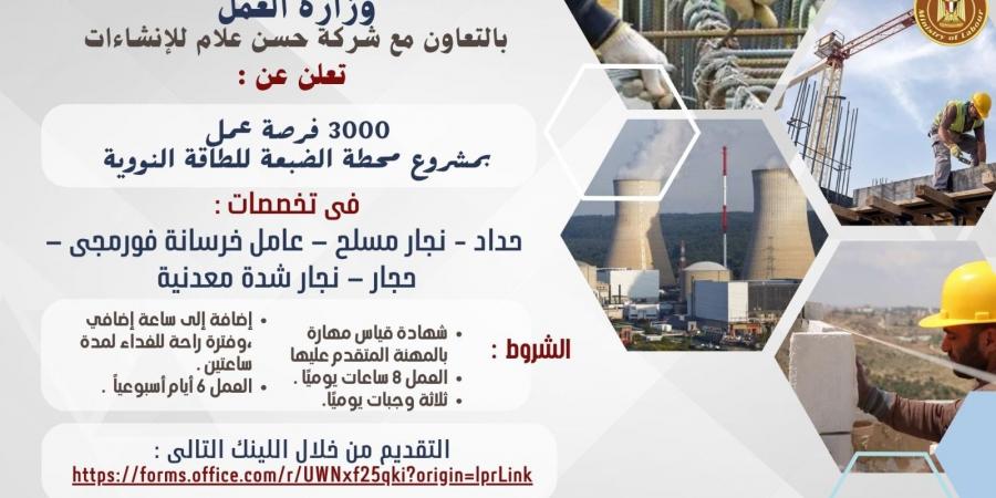 3000 فرصة عمل في مشروع محطة الضبعة النووية.. التفاصيل ورابط التقديم